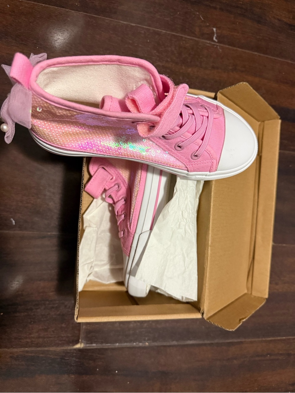 Girls Pink Sequin High-Top Sneakers with Bow Accent